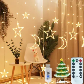 Ramadan Solar Icicle Lights,Outdoor Waterproof Moons Stars Curtain Window String With 8 Modes Timer Remote,USB Rechargeable Connectable Warm White Han (Option: 2PCS)