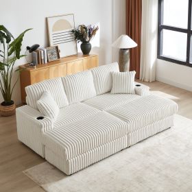 84Inch Corduroy 3-seater Sofa With 3 Back Pillows ,2 Toss Pillows , 2 Ottoman ,2storage Spaces And Cup-holding Grooves Comfy Sofa- Deep Seat Couch For (Option: Beige)
