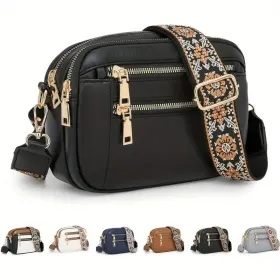 Handmade Women's Multi-Compartment Crossbody Bag & Wallet With Adjustable Strap, Golden-Tone Hardware, Zipper Closure - Premium Second-Layer Leather, (Option: Black)